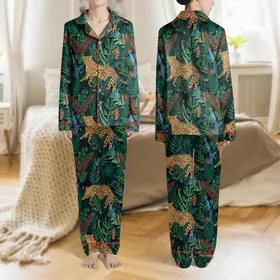 Elegant Women's Emerald Leopard French Collar Summer Loose Fashion Satin Pajamas Set