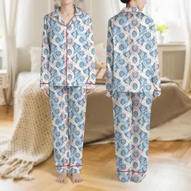 Women's Winter Plush Chenille Cable Knit Seamless Pattern - Dusty Blue Pink Beige Cozy Lounge Aesthetic Satin Pajamas Set