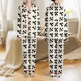 Set of Three Women's Short Sleeve Integrated Cami Layers - Abstract Organic Beige White Black Design Satin Pajamas Set
