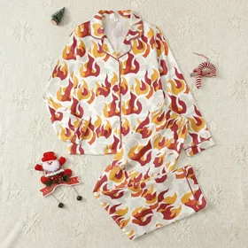 Women's Cozy Interlocking Flame Cloud Long Sleeve High Collar Fleece Pajama Set Satin Pajamas Set