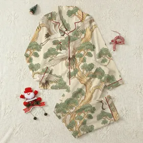 Women's Off-White Crane & Ancient Tree Pajamas: Asian Art Print Sleep Loungewear Satin Pajamas Set