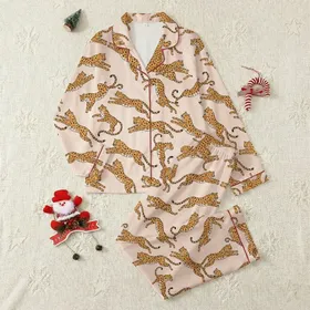 Women's Satin Sleep Set: Golden Leopard Flat Art - Pink-Beige Short Sleeve Lounging Satin Pajamas Set