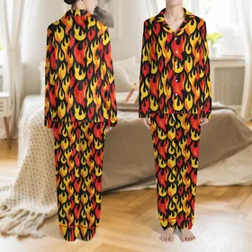 Women's Fiery Flame Art with Thermal Ribbed Detail: Plush V-Neck Long Sleeve Pajama Satin Pajamas Set
