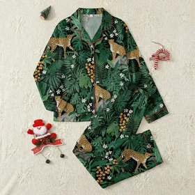 Women's Dense Jungle Cheetah Print Satin Pajamas – Loose Fit Button-Up Short Sleeve Set Satin Pajamas Set