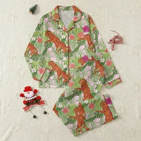 Women's Vibrant Pink Tropical Tiger Peach Blossom Sleep Set Satin Pajamas Set