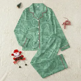 Women's Emerald Green Leopard Print Sleep Set: Aqua Hand-Drawn Two-Piece Loungewear Satin Pajamas Set