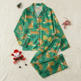 Women's Collared Emerald Tiger Loungewear: Retro Tropical Graphic Pajama Set Satin Pajamas Set