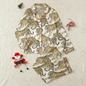Women's Hand-Drawn Tiger Print Pajama Set: Metallic Gold Accents, Short Sleeve Collared Top Satin Pajamas Set