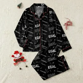 Women's Autumn/Winter Trendy Black & White Egal Verstanden Typographic Sleep Set Satin Pajamas Set