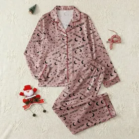 Women's Muted Rose 'LET ME SLEEP' Text, Moon, Star & Zzz Pattern Long Sleeve Loungewear Satin Pajamas Set