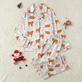 Women's Fluffy Highland Calf & Delicate Wildflower Satin Lounge Ensemble Satin Pajamas Set