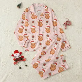 Coquette Christmas Pajama Top: Watercolor Highland Cow, Santa Hat & Holly Boots Satin Pajamas Set