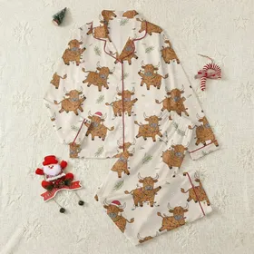 Toddler Kids Highland Cow Tangled Christmas Lights Whimsical Fleece Loungewear Top Satin Pajamas Set