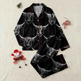 Highland Cow Lover All-Over Monochrome Cow Head Pattern Garment-Dyed Sleep Top Satin Pajamas Set