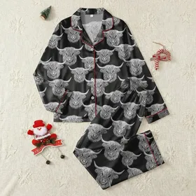 Highland Cow Lover Detailed Illustrative All-Over Etched-Line Cotton Pajamas Satin Pajamas Set