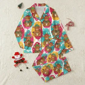 Women's Christmas Pajamas: Preppy Fluffy Highland Cow Pattern, Glitter Snowflakes Satin Pajamas Set