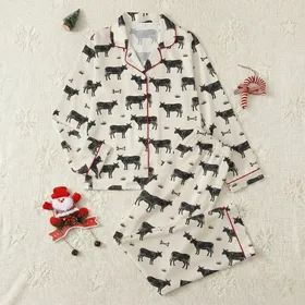Farmers & Animal Lovers Pajamas: Rustic Distressed Cow Calf Print - Creamy Beige Sleepwear Satin Pajamas Set
