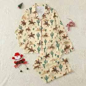 Women's Vintage Western Cowboy Desert Satin Shorts Sleepwear Set Satin Pajamas Set