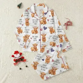 Women's Watercolor Highland Cow Pajamas: Funny Farm Sayings Rustic Floral Sleepwear Satin Pajamas Set
