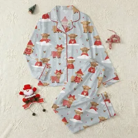 Women's Funny Christmas Pajama Set: Whimsical Highland Cow, Santa Hats & Reindeer Pattern Satin Pajamas Set