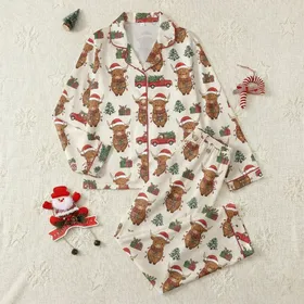 Cozy Christmas Highland Cow Pajamas: Fluffy Santa Hat & Vintage Truck Pattern Satin Pajamas Set
