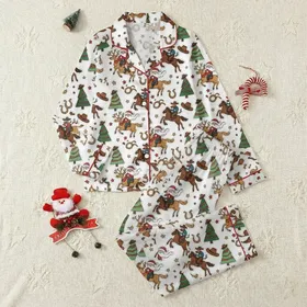 Family Howdy Christmas: Cowboy Santa Western Reindeer & Hats Pattern Two-Piece Sleep Set Satin Pajamas Set