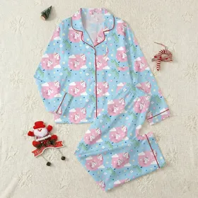 Family & Children's Whimsical Unicorn Dragon Cloud Star Heart Pattern Pajamas Set: Sky Blue Pink Satin Pajamas Set