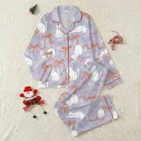 Women's Short-Sleeve Satin Pajamas: Whimsical White Cats & Rust Bows Lavender Print Satin Pajamas Set
