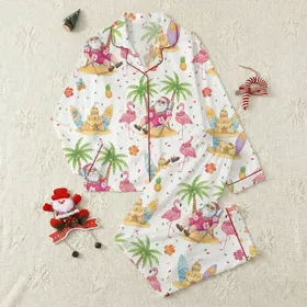 Women's Tropical Christmas Beach Party Satin Pajamas Set: Whimsical Santa & Flamingo Print Holiday Sleepwear Satin Pajamas Set