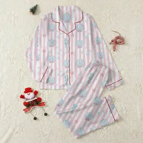 Women's Coquette Summer Satin Pajamas Set: Watercolor Light Blue Scallop Shells & Pink Bows Satin Pajamas Set