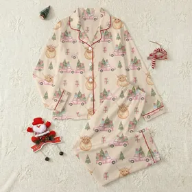 Adorable Fluffy Highland Cow Pink Truck Christmas Village Scene Textile Item Satin Pajamas Set