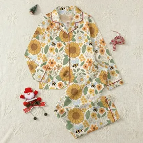 Women's Vintage Boho 60s 70s Sunflower Daisy Honeybee Meadow Silky Satin Pajamas Set Satin Pajamas Set