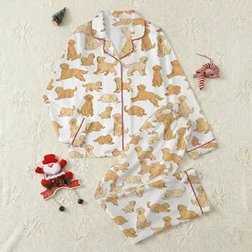 Golden Retriever Lover Satin Short-Sleeve Sleep Set: Cheerful Flat Dog & Puppy Print Satin Pajamas Set