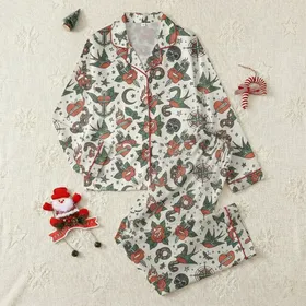 Women's Ink Lover Satin Sleepwear: Traditional Tattoo Flash Roses, Skulls & Daggers Pattern Satin Pajamas Set