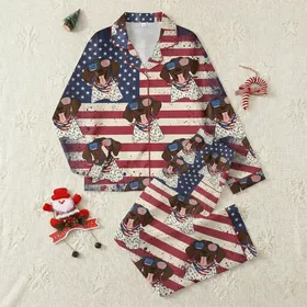 German Shorthaired Pointer Fan Patriotic Pajamas: Distressed US Flag, GSP Dogs in Sunglasses & Bandanas Satin Pajamas Set