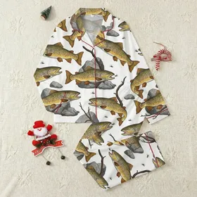 Angler's Realistic Leaping Brown Trout: Golden Sides, Blue-Green Back, River Rocks & Flies Custom Garment Satin Pajamas Set