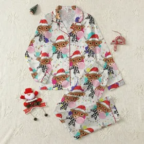 Highland Cow Christmas Pajamas: Fluffy Winter Design with Festive Lights & Bubblegum Satin Pajamas Set