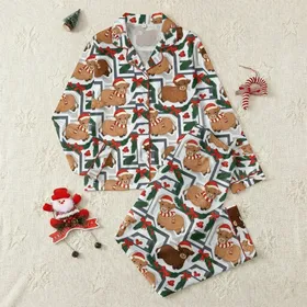 Christmas Family Loungewear: Fluffy Highland Calves, Red Santa Hats & Evergreen Pattern Satin Pajamas Set