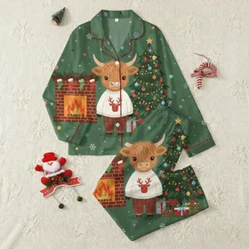 Cozy Highland Cow Pajamas: Fluffy Baby Cow in Plaid Sleep Set, Christmas Fireplace Design Satin Pajamas Set