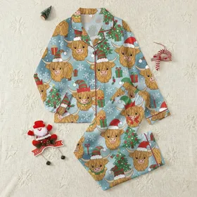 Whimsical Christmas Sleep Set: Festive Highland Cow Elf & Santa Hat Pattern Satin Pajamas Set