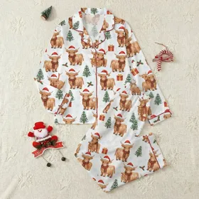 Merry Christmas Highland Cow Sleep Set: Fluffy Santa Hat Cows & Snowy Pine Pattern Satin Pajamas Set