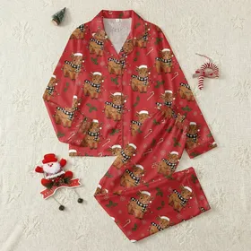 Cute Farmhouse Christmas Highland Cow PNG: Funny Watercolor Santa Hat & Lights Digital Design Satin Pajamas Set