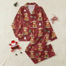 Cozy Holiday Pajamas: Cute Highland Cow, Santa Hat & Snowflakes Seamless Ruby Red Pattern Satin Pajamas Set