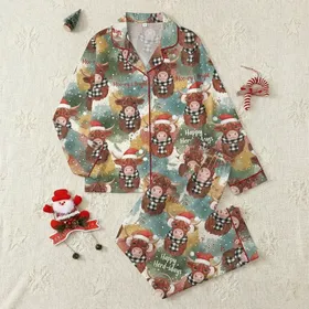 Personalized Family Christmas Pajamas: Whimsical Highland Cow Watercolor Holiday Sleepwear Satin Pajamas Set