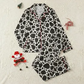 Women's Wide Leg Pajama Pants: Abstract Cow Spot Print, Faux Cotton Loungewear Comfort Satin Pajamas Set