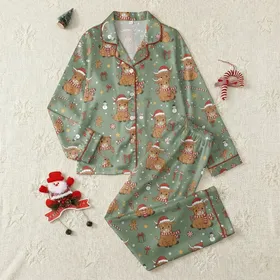 Highland Cow Lover's Christmas Pajamas: Fluffy Santa Hat Cow & Candy Cane Pattern Satin Pajamas Set