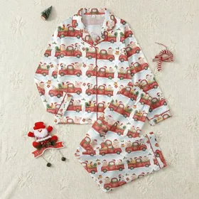 Farm Lover Christmas Sleep Set: Watercolor Santa Farm Animals & Vintage Red Trucks Satin Pajamas Set