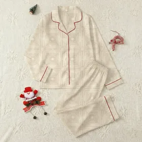 Spring Lounge V-Neck Ribbed Set: Subtle Beige Geometric Grid Pattern - Straight Leg Pajamas Satin Pajamas Set