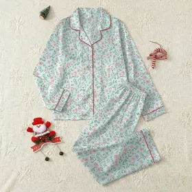Women's Elegant Floral Pajama Set: Sky Blue Ditsy Wildflower, Open Front Ruffle Top & Pants Satin Pajamas Set