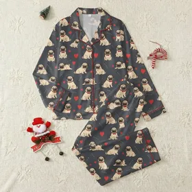 Pug Lover: Charming Cartoon Pugs, Red Bows & Hearts Pattern - Canvas Low Top Sneakers Satin Pajamas Set